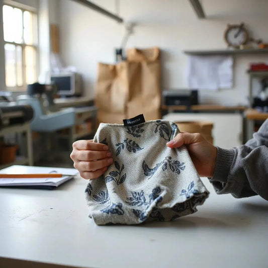 Hands reviewing crisp custom-printed fabric samples on a clean worktable