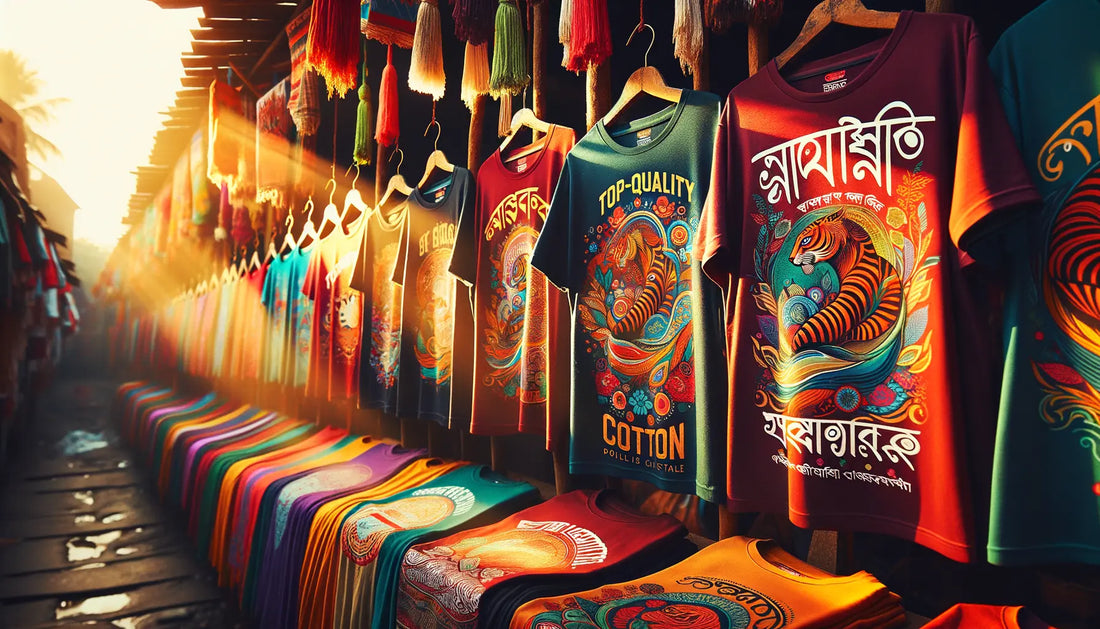 colorful typographic t-shirts hanging on wooden hooks in warm natural light