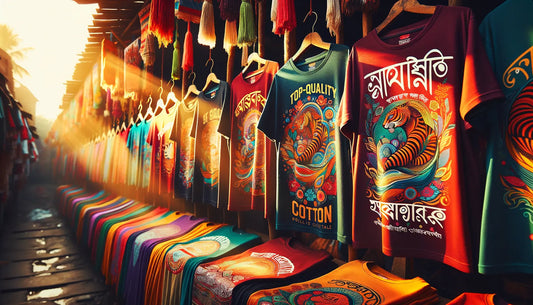 colorful typographic t-shirts hanging on wooden hooks in warm natural light