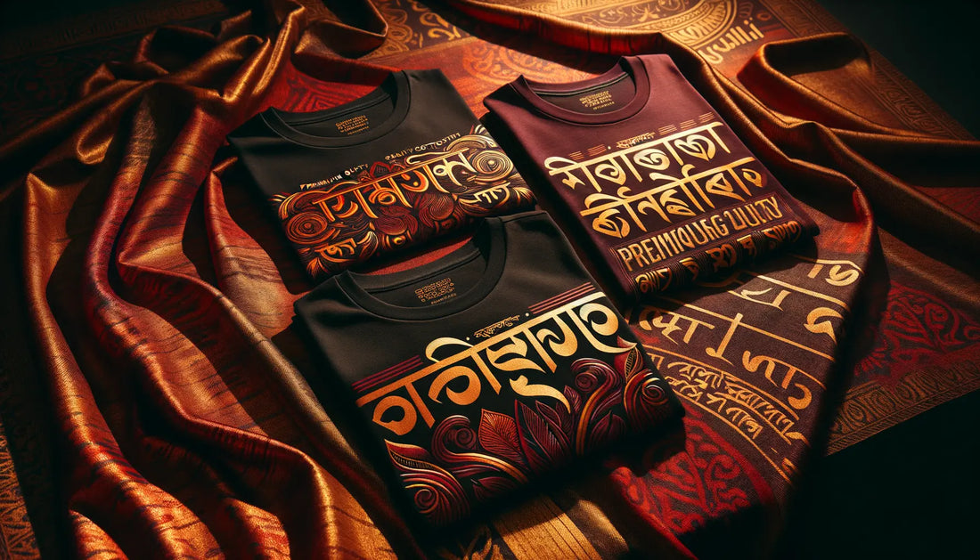 premium cotton t-shirts with bold bengali typography on textured fabric in warm lighting