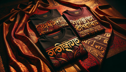 premium cotton t-shirts with bold bengali typography on textured fabric in warm lighting