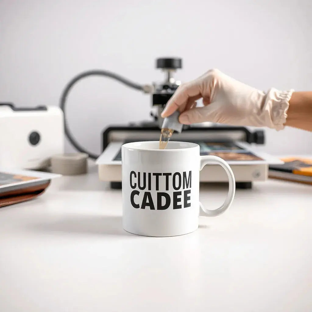 Ceramic mug with a colorful custom print design being adjusted in a clean studio setup